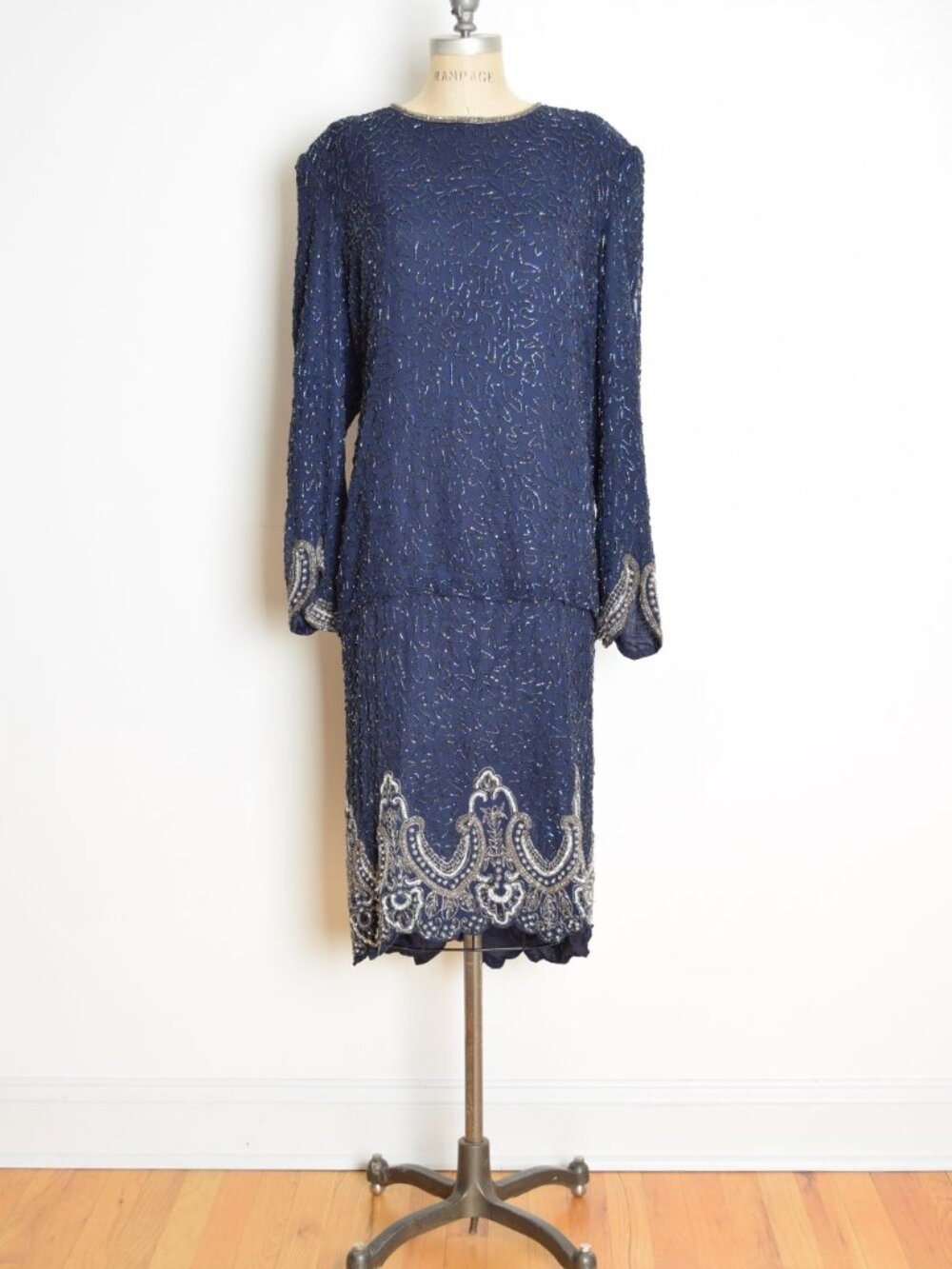 vintage 80s dress navy silk sequin beaded flapper Gatsby prom 3XL Laurence Kazar